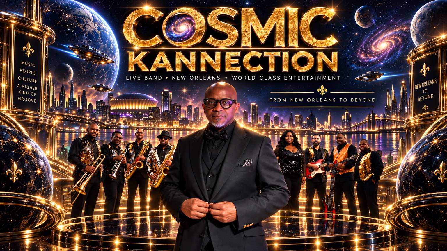 Cosmic Kannection in black and gold, with Benson Walker and the band against a glowing New Orleans skyline, planets, and galaxies